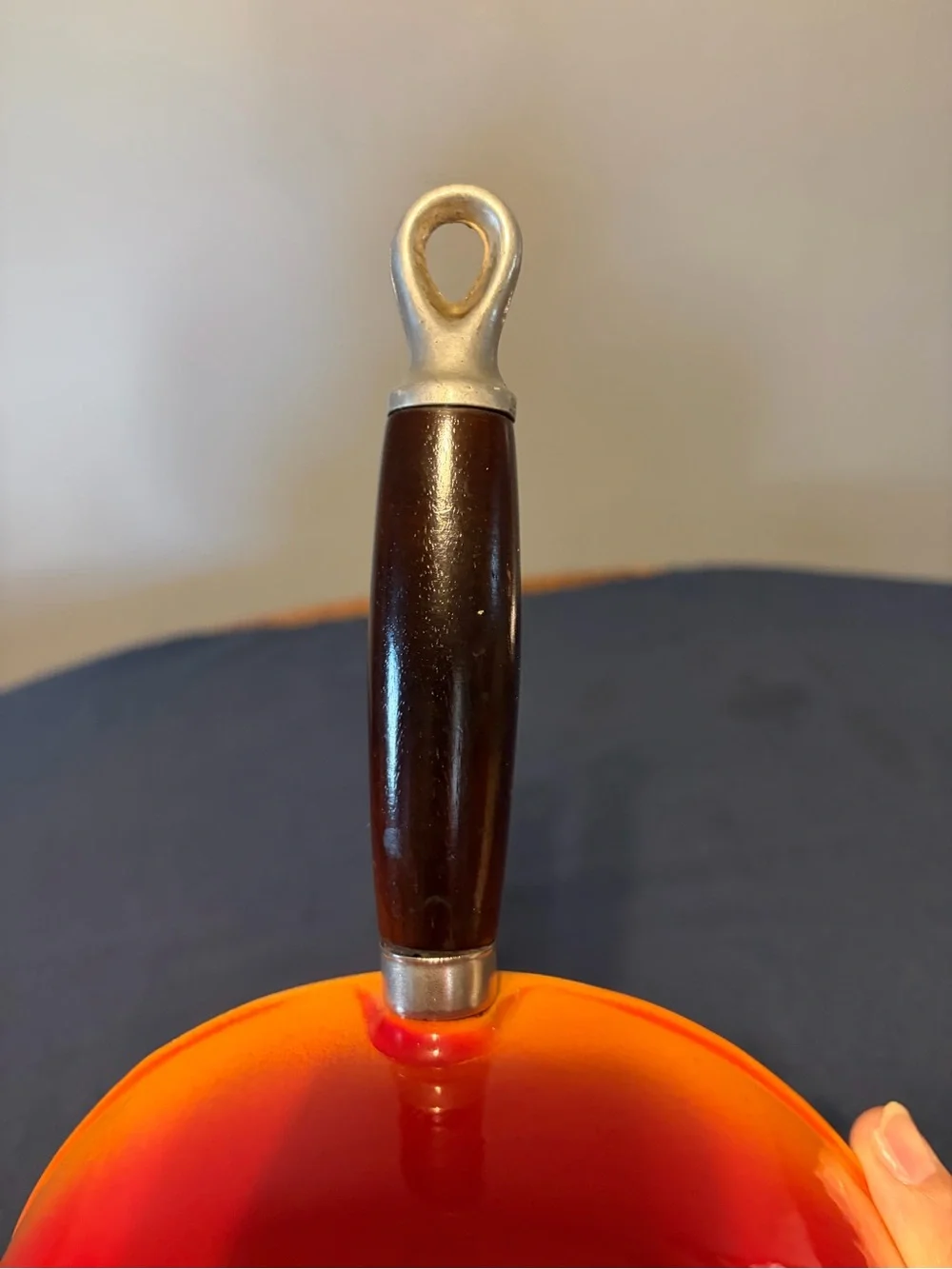 Vintage Le Creuset P20 Orange to Red Flame Gradient Enamel Saucepan with Lid.